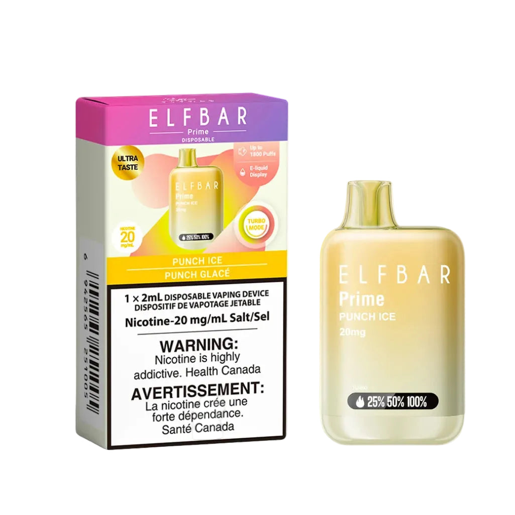 Elf Bar Prime disposable vaping device packaging with warning label on a white background