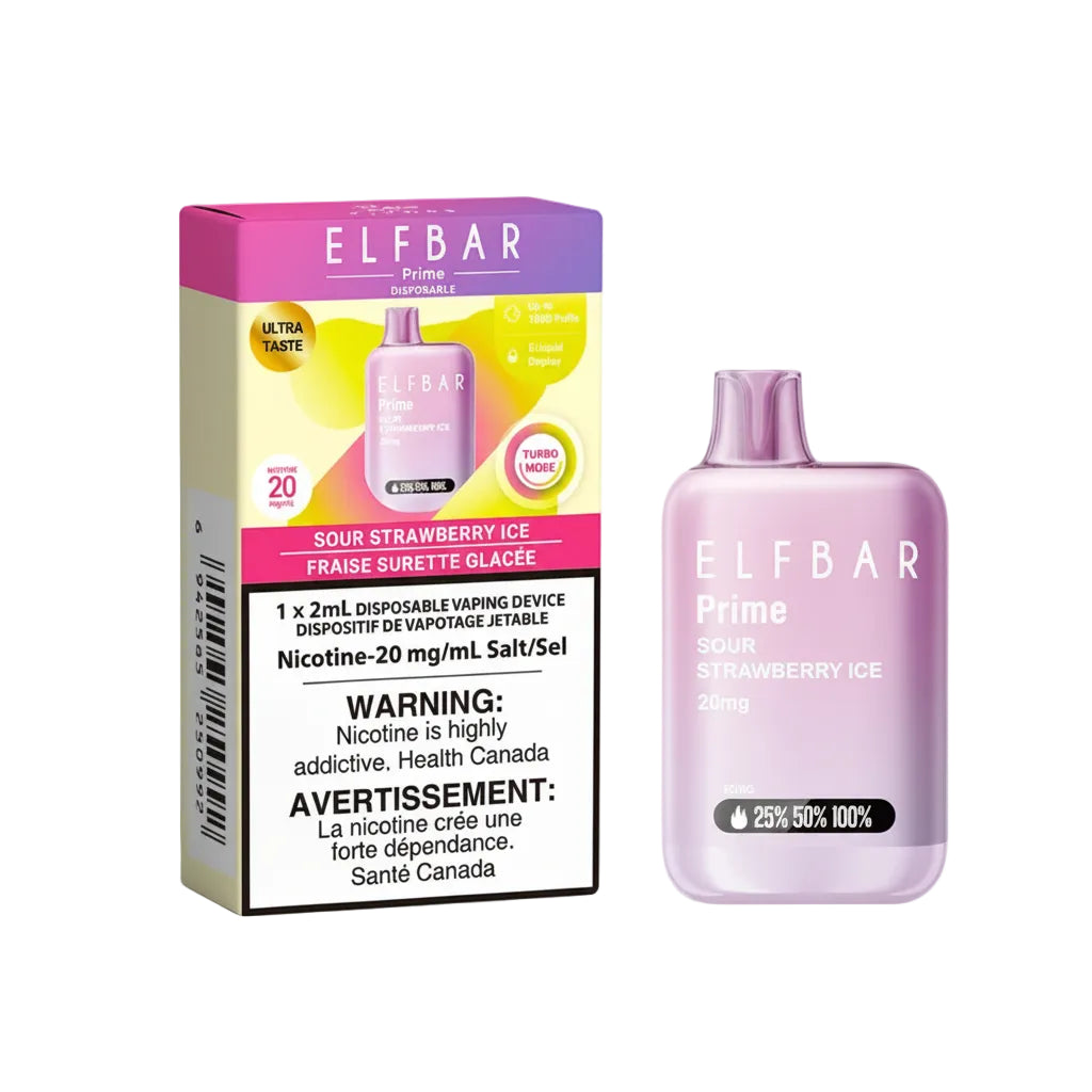 ELF BAR Prime Sour Strawberry Ice vape device and packaging on a white background