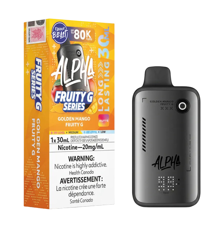 Alpha vape device and packaging with 'Fruity G Series' flavor on a white background