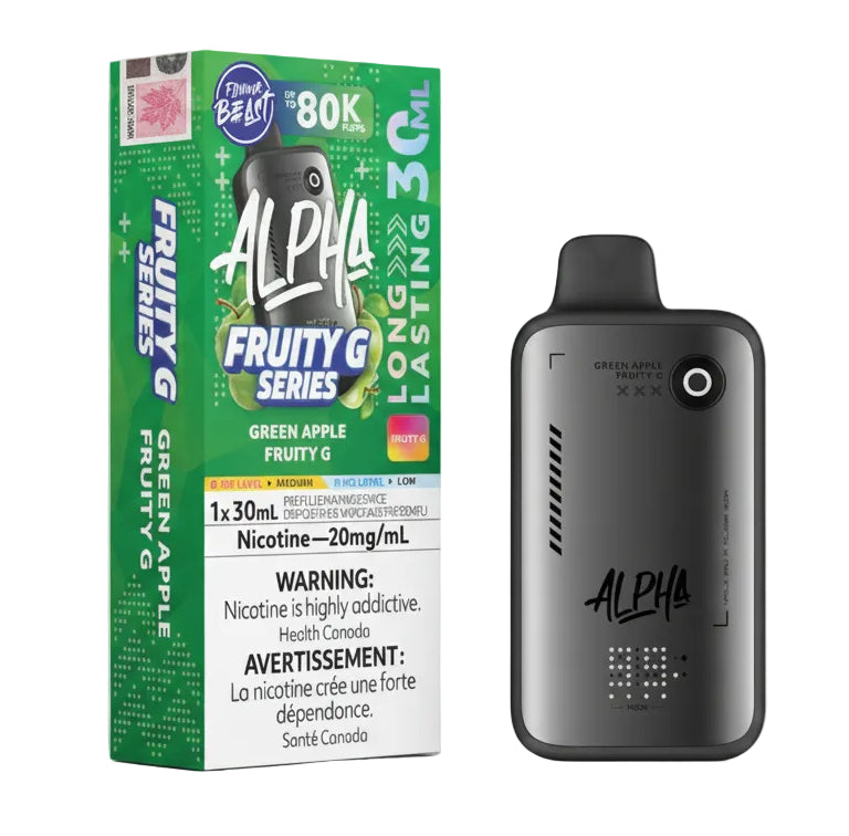 Alpha Fruity G Series vape device and packaging on a white background