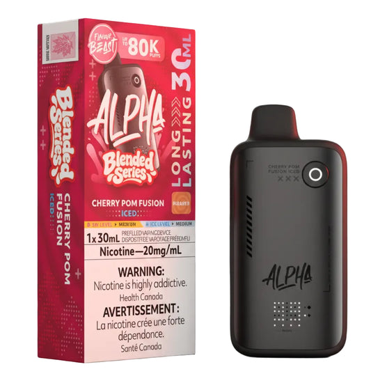Alpha vape device with packaging on a white background