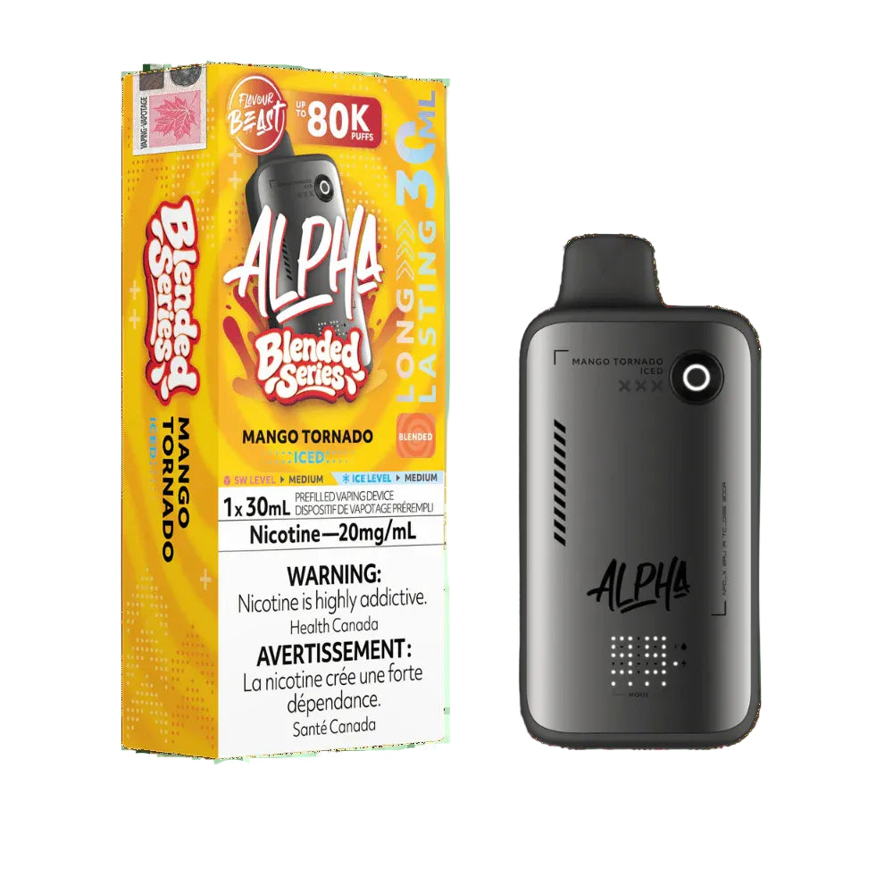 Alpha blended series vape device with packaging on a white background