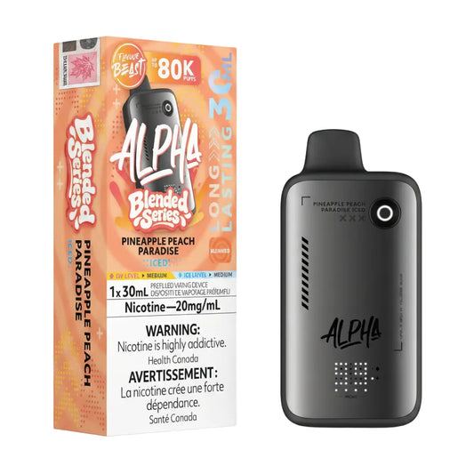 Alpha vape device with packaging on a white background