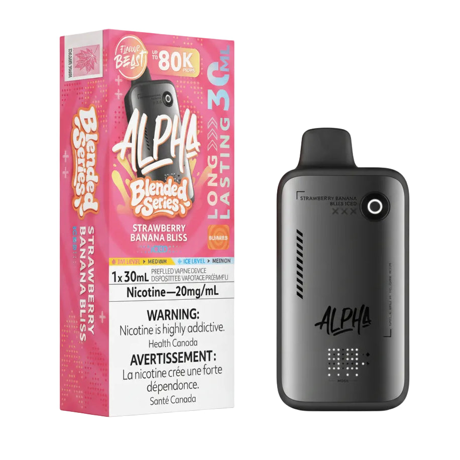 Alpha vape device and packaging on a white background