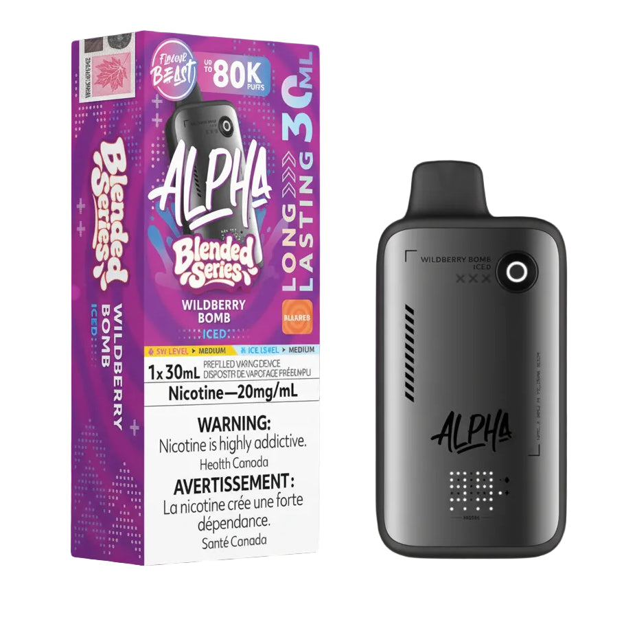 Alpha vape device with packaging on a white background