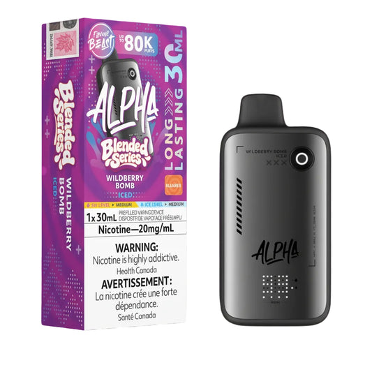 Alpha vape device with packaging on a white background