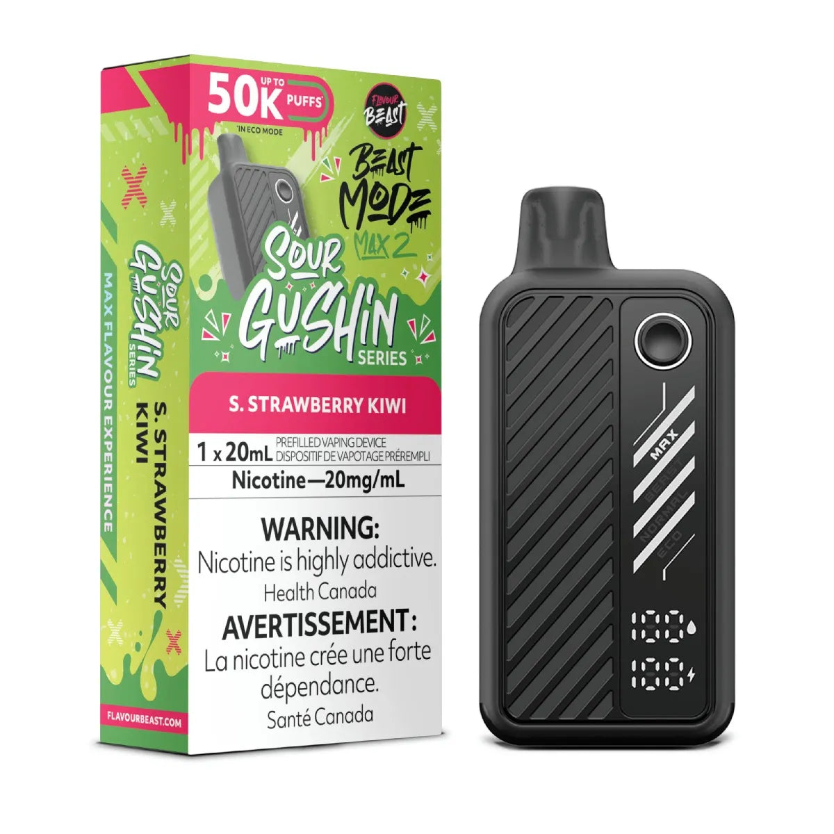 Vape device and packaging with 'Sour Gushin' flavor on a white background
