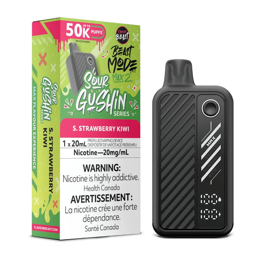 Vape device and packaging with 'Sour Gushin' flavor on a white background