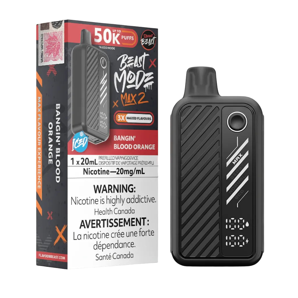 Vaping device and packaging with 'Beast Mode' Bangin' Blood Orange branding on a white background