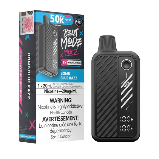 Vaping device and packaging with 'Beast Mode'  Bomb Blue Razz branding on a white background