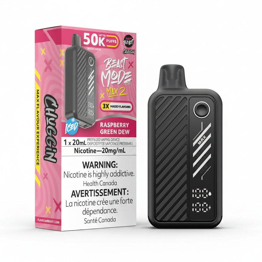 Vape device with pink packaging featuring branding and nicotine warning labels on a white background