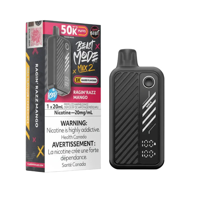 Vaping device and packaging with 'Beast Mode'  Ragin' Razz Mango branding on a white background