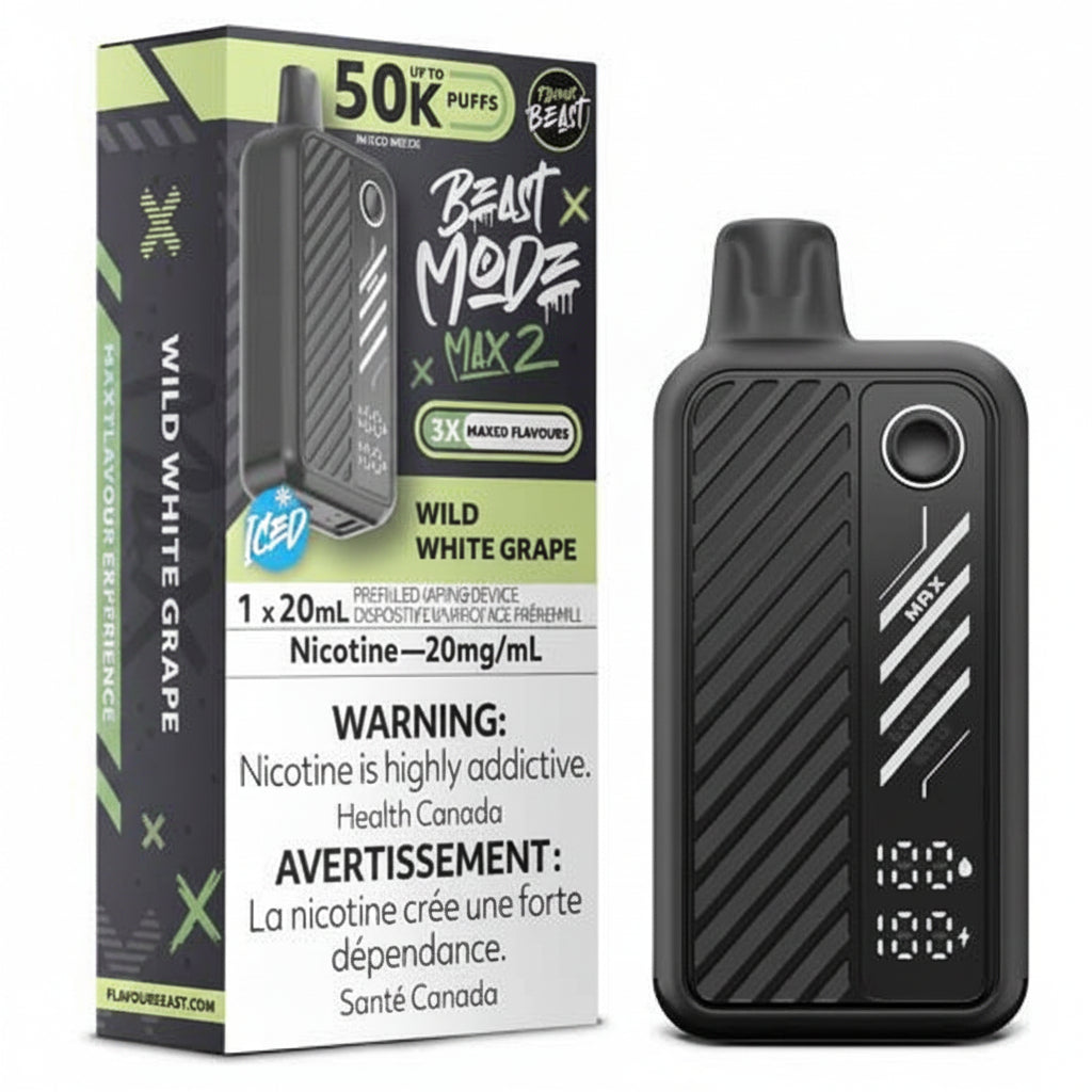 vape device with digital display and 'Beast Mode' packaging on a white background