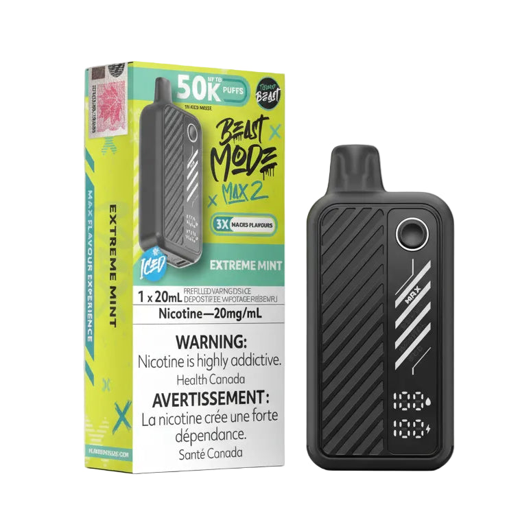 Vaping device with 'Beast Mode' Extreme Mint packaging on a white background