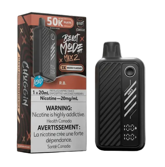 Vape device and packaging with branding and nicotine warning labels on a white background