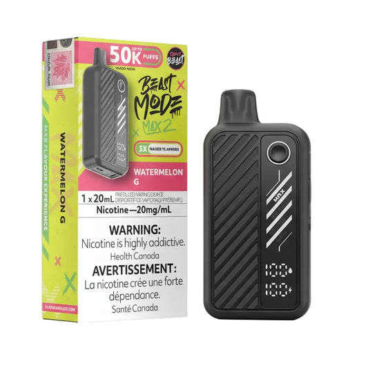 Vape device and packaging with 'Beast Mode' Watermelon G branding on a white background