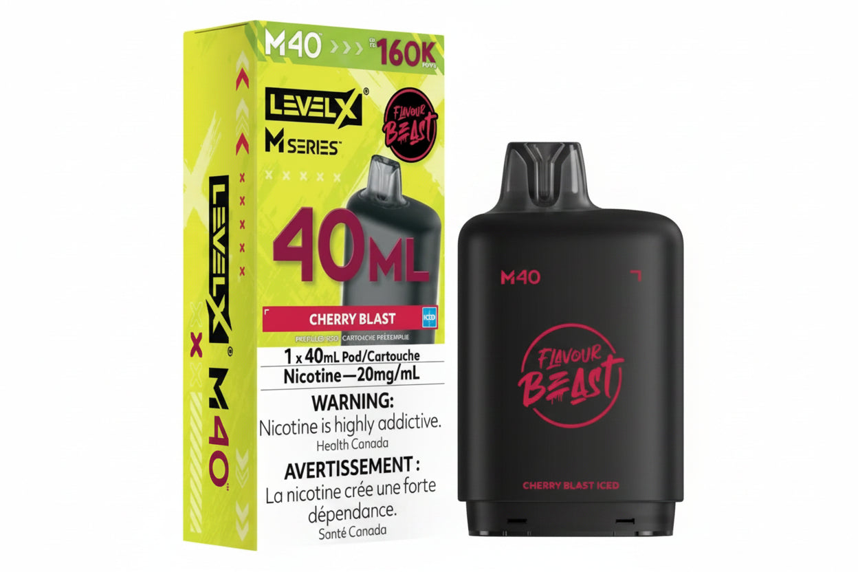 Level X M Series Cherry Blast Iced disposable vape pod packaging box next to the black vape pod device itself, on a plain white background.