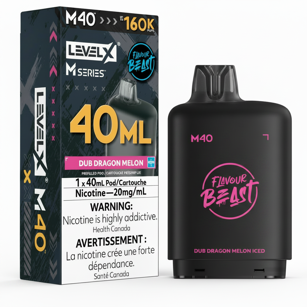 Level X M Series M40 disposable vape device in 'Dub Dragon Melon Iced' flavor, shown next to its retail packaging box. The device is matte black with pink and white branding, and the box features white and yellow text on a white background.