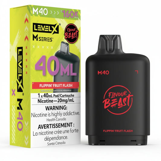 Level X M Series M40 Flippin' Fruit Flash disposable vape pod next to its bright yellow and green retail packaging box, featuring the 'Flavour Beast' logo.