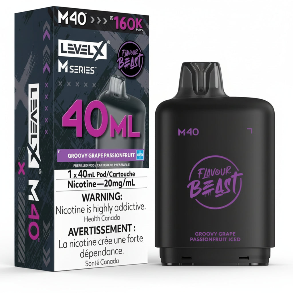Level X M Series M40 disposable vape pen and its retail packaging box, featuring a black body with purple and white graphics for the Groovy Grape Passionfruit flavor.