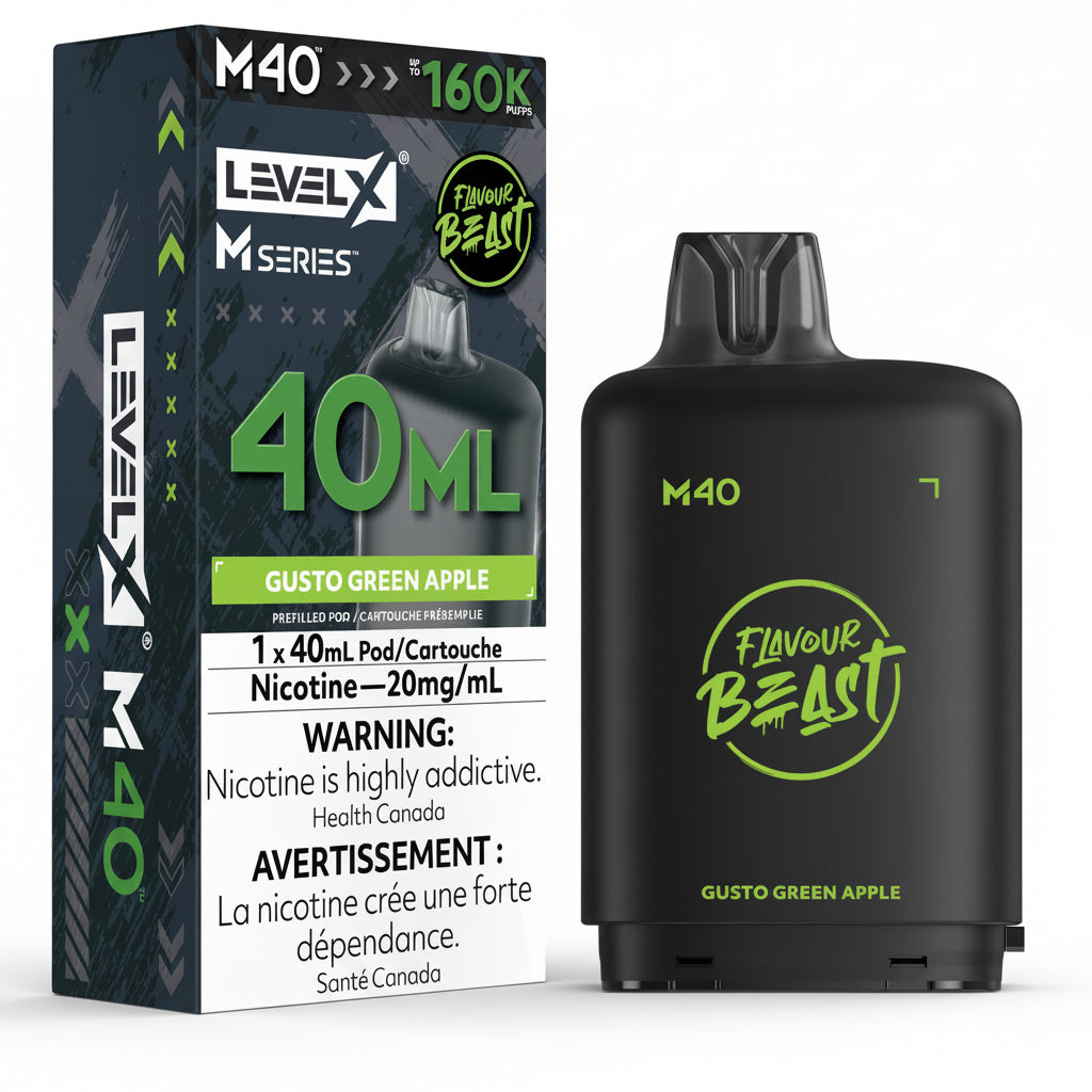 Level X M Series M40 Green Apple disposable vape pod packaging box next to a black 40ml pod device with green branding, on a white background.
