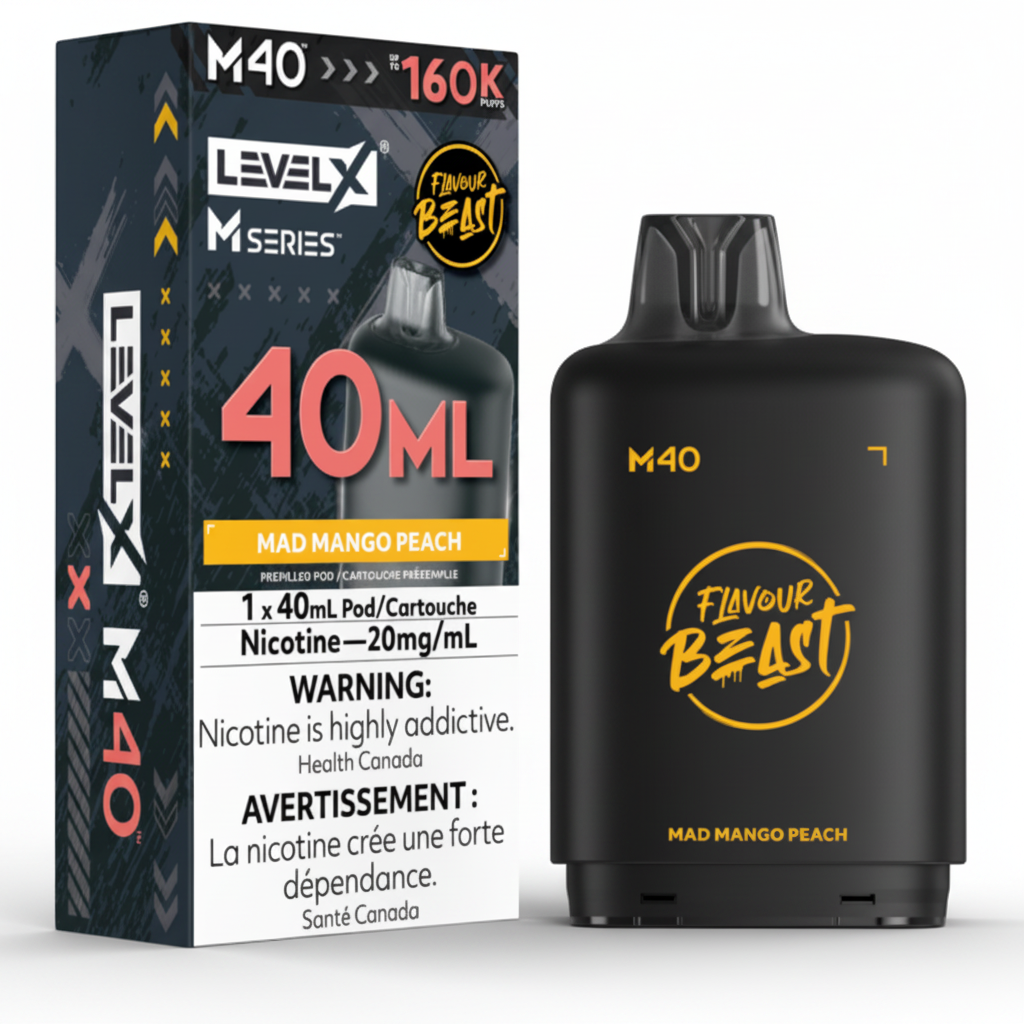Level X M Series M40 Flavour Beast disposable vape packaging and the black vape pod itself, in Mad Mango Peach flavor.