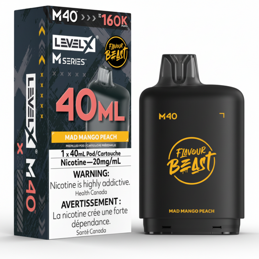 Level X M Series M40 Flavour Beast disposable vape packaging and the black vape pod itself, in Mad Mango Peach flavor.