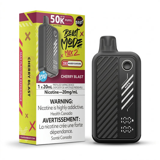 flavour beast mode max 3 Cherry Blast Vaping device and packaging with 'Beast Mode' branding on a white background