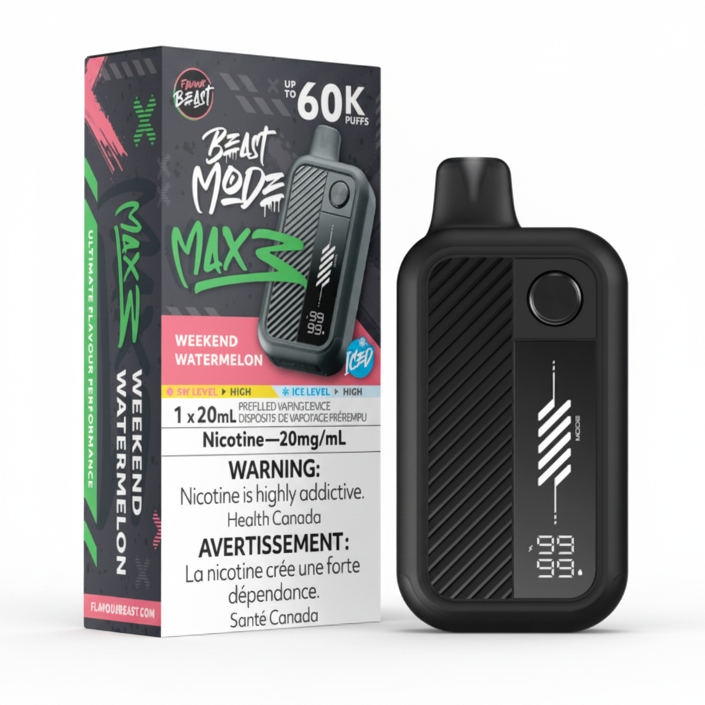 A Flavour Beast Beast Mode Max S disposable vape device in black next to its retail packaging box, which is labeled Weekend Watermelon and features a prominent Health Canada nicotine warning.