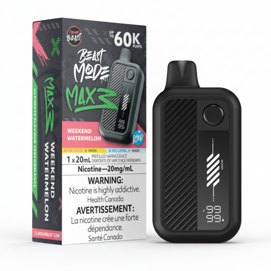 A Flavour Beast Beast Mode Max S disposable vape device in black next to its retail packaging box, which is labeled Weekend Watermelon and features a prominent Health Canada nicotine warning.