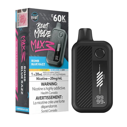 Vape device and packaging with 'Beast Mode Max 2' branding on a white background