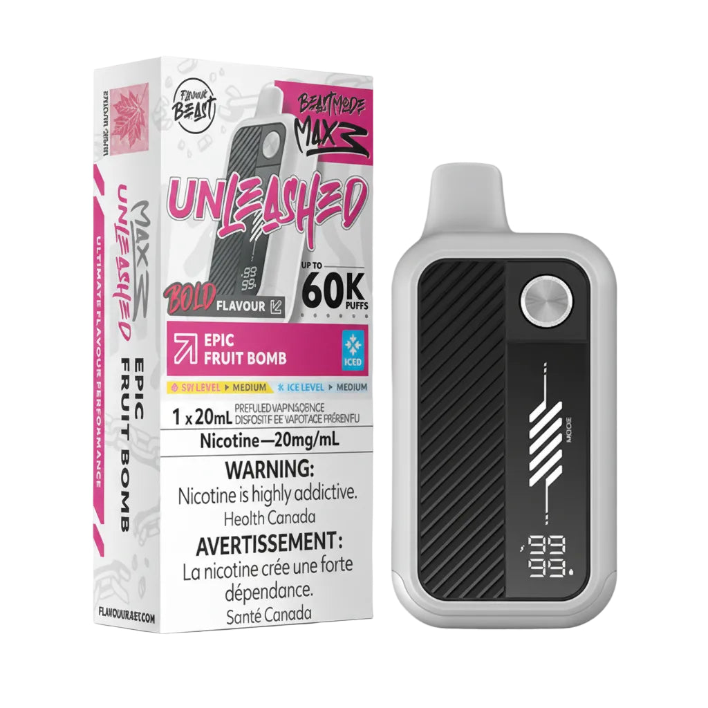 Vaping device and packaging with 'Flavour Beast' branding on a white background