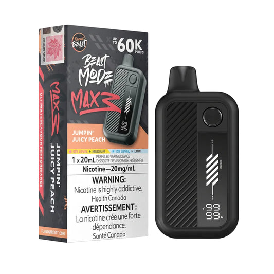 Vaping device and packaging with 'Beast Mode Max 2' branding on a white background