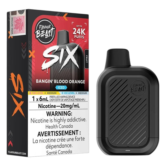 Flavour Beast SIX Bangin’ Blood Orange Iced disposable vape package beside a black Flavour Beast vape device, showing “up to 24K puffs,” 6mL prefilled device, 20mg/mL nicotine, and Health Canada warning label on the box.