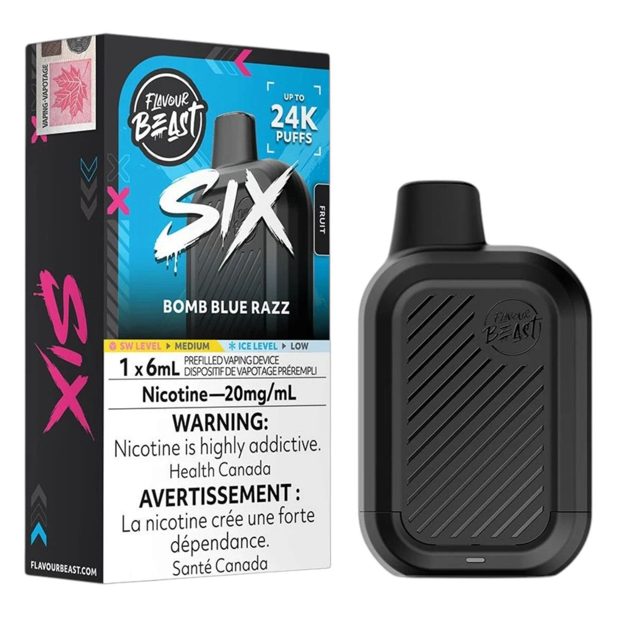 A black disposable vape device next to its retail packaging box. The box is for 'Flavour Beast Six Bomb Blue Razz' and features a blue and black design with pink accents, while the device itself is matte black with diagonal textured lines.