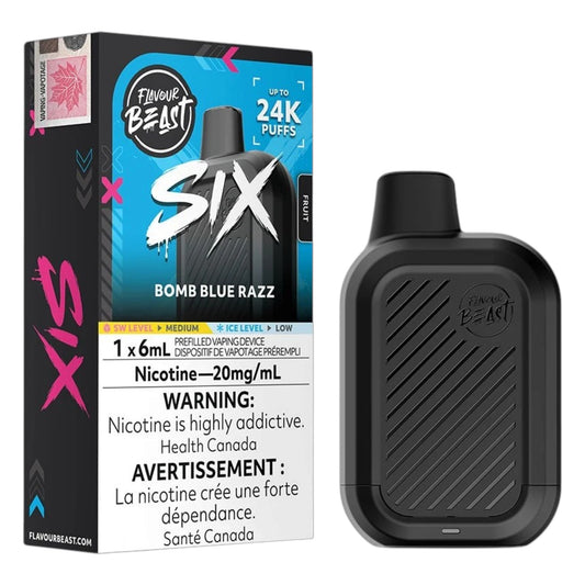 A black disposable vape device next to its retail packaging box. The box is for 'Flavour Beast Six Bomb Blue Razz' and features a blue and black design with pink accents, while the device itself is matte black with diagonal textured lines.