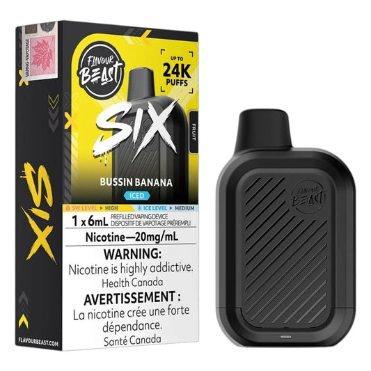 A black disposable vape device next to its retail packaging box. The box is primarily black and yellow with white text, featuring the brand 'Flavour Beast' and product name 'Six Bussin Banana'.
