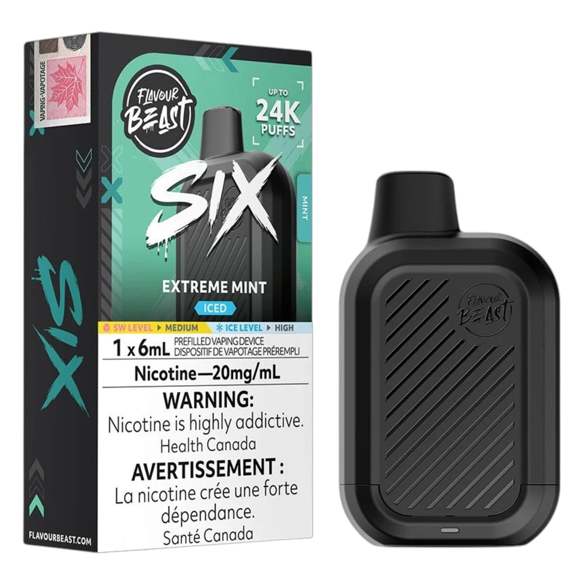 A Flavour Beast Six disposable vape device in black next to its retail packaging box, which is black, teal, and white, labeled 'Extreme Mint' and '24K Puffs'.