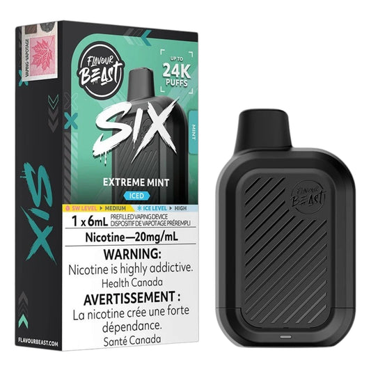 A Flavour Beast Six disposable vape device in black next to its retail packaging box, which is black, teal, and white, labeled 'Extreme Mint' and '24K Puffs'.