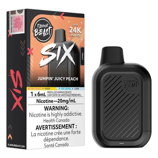 A black disposable vape device next to its retail packaging box. The packaging is for the 'Flavour Beast Six' disposable vape in 'Jumpin' Juicy Peach' flavor, featuring a black and orange design with white text and a prominent health warning label on the lower half.