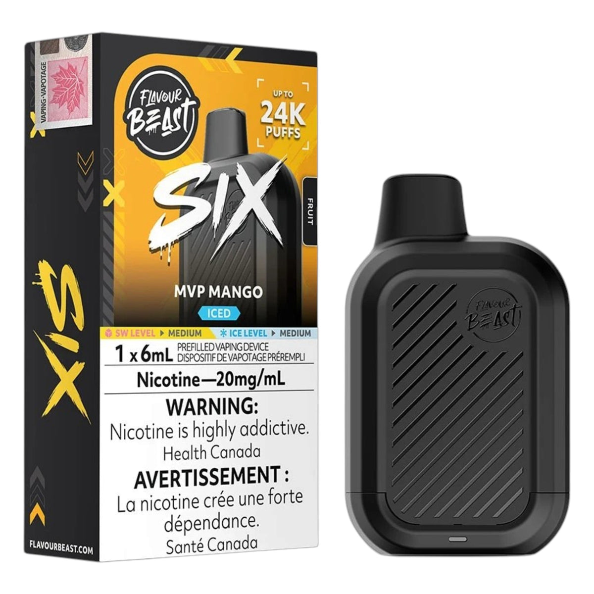 A Flavour Beast Six disposable vape device in black next to its retail packaging box, which is black and yellow with 'MVP Mango' and '24K Puffs' written on it.