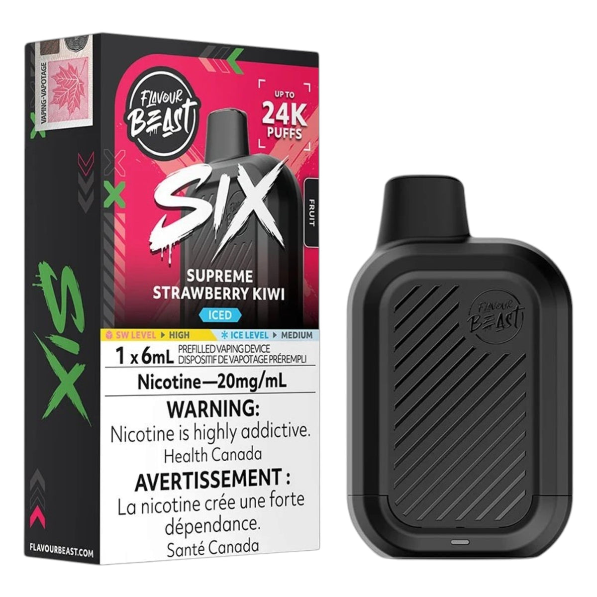 A Flavour Beast Six disposable vape device in black next to its retail packaging box, which is labeled Supreme Strawberry Kiwi with a pink and black design.