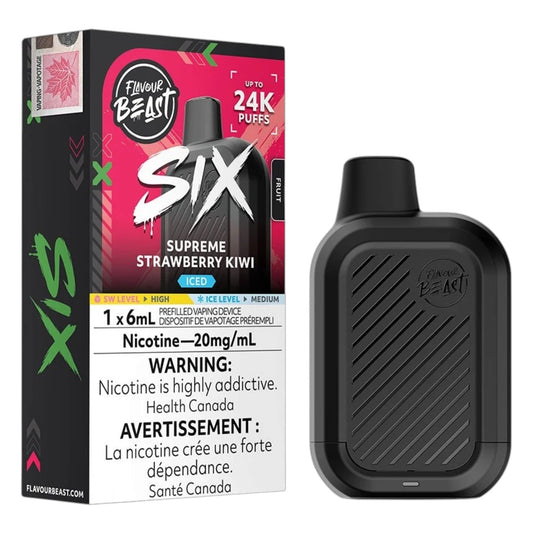A Flavour Beast Six disposable vape device in black next to its retail packaging box, which is labeled Supreme Strawberry Kiwi with a pink and black design.