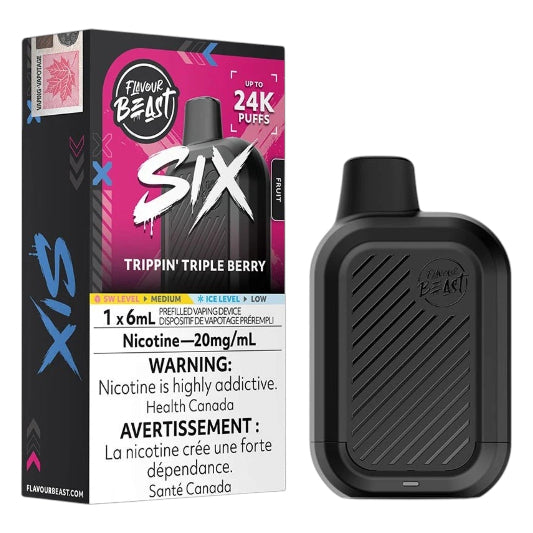 Flavour Beast Six disposable vape device next to its retail packaging box, featuring the 'Trippin' Triple Berry' flavor. The device is black with diagonal textured lines, and the box is black and pink with white and blue text.
