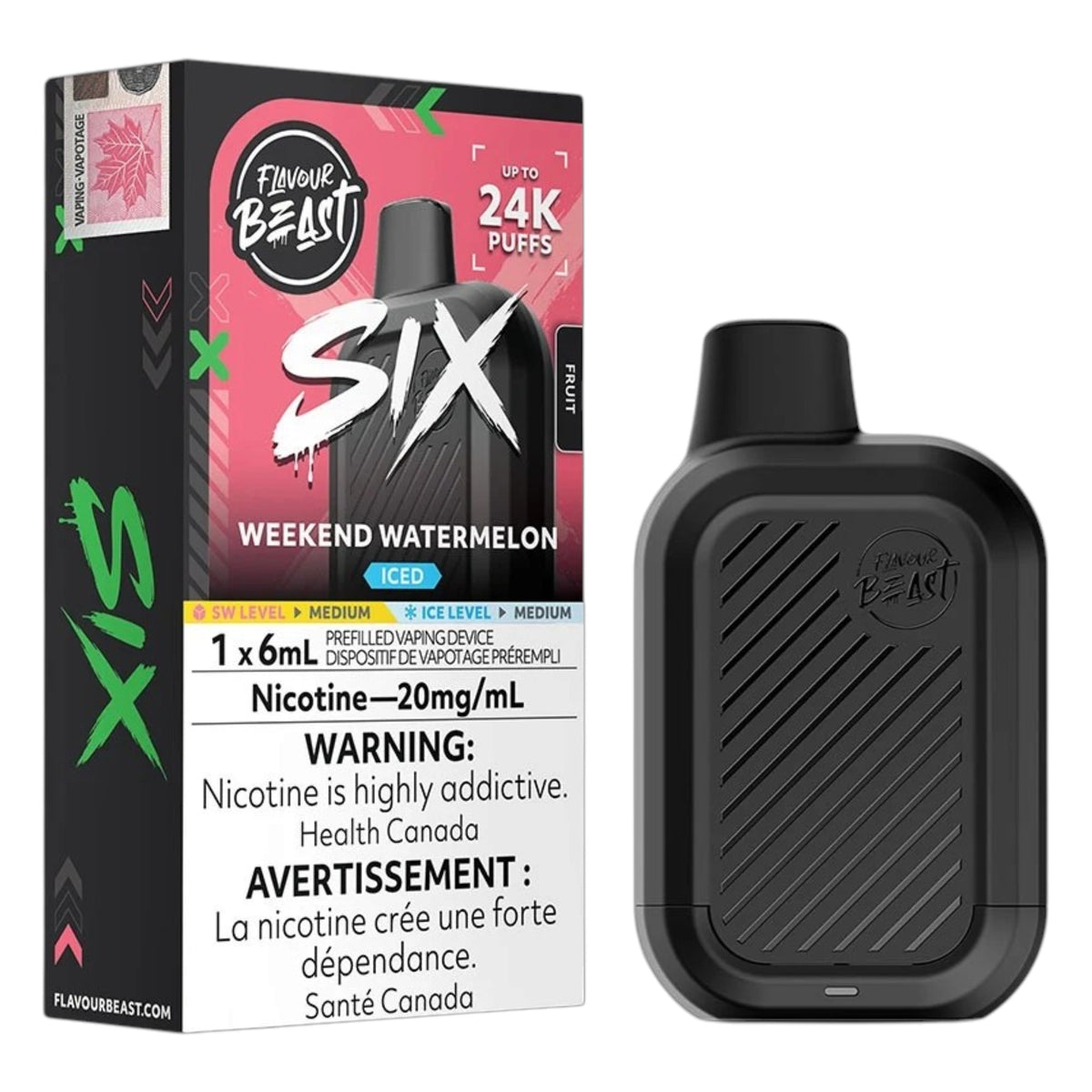 A Flavour Beast Six disposable vape device in black next to its retail packaging box, which is pink, black, and white with 'Weekend Watermelon' flavor text.