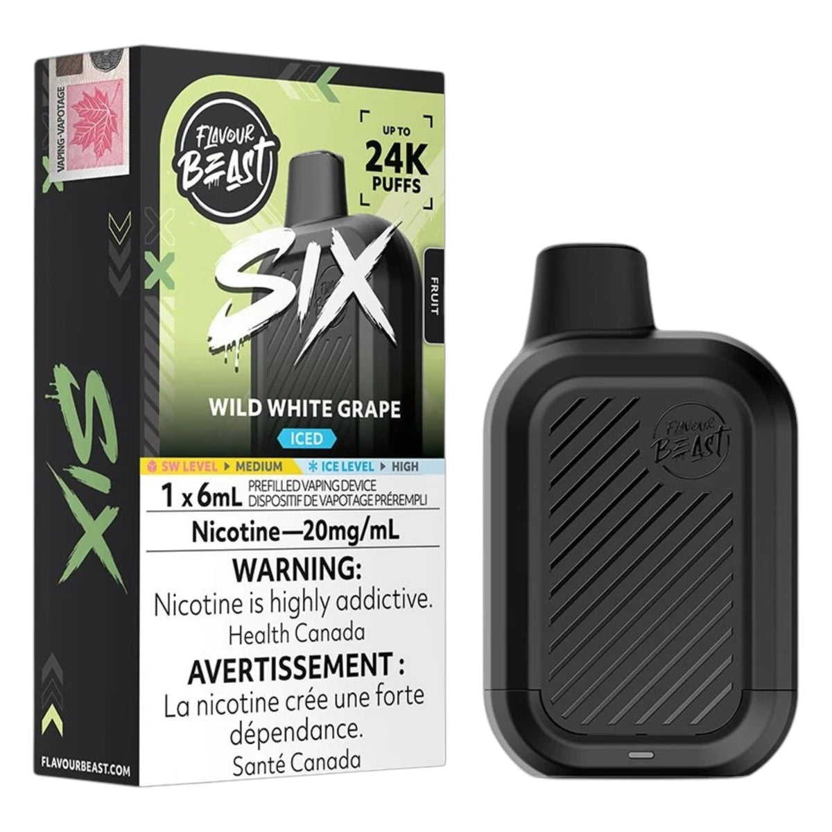 Flavour Beast Six Wild White Grape disposable vape device shown next to its retail packaging box on a plain white background.
