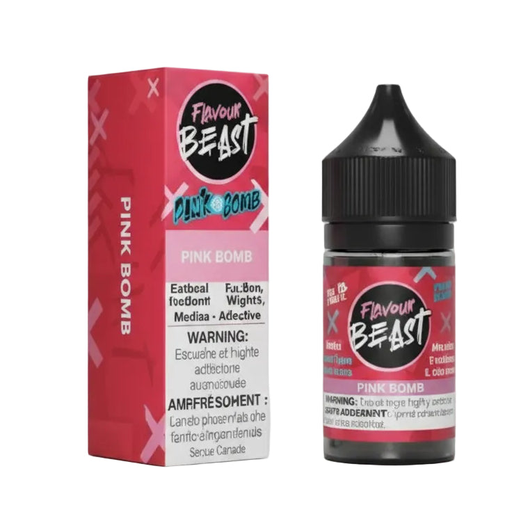 Red and black vape juice bottle with packaging on a white background