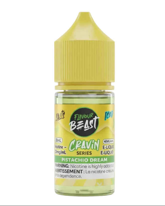 E-liquid bottle with yellow cap and label on a white background