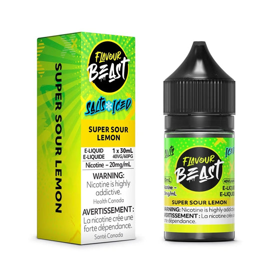 Flavour Beast Super Sour Lemon e-liquid bottle and packaging on a white background