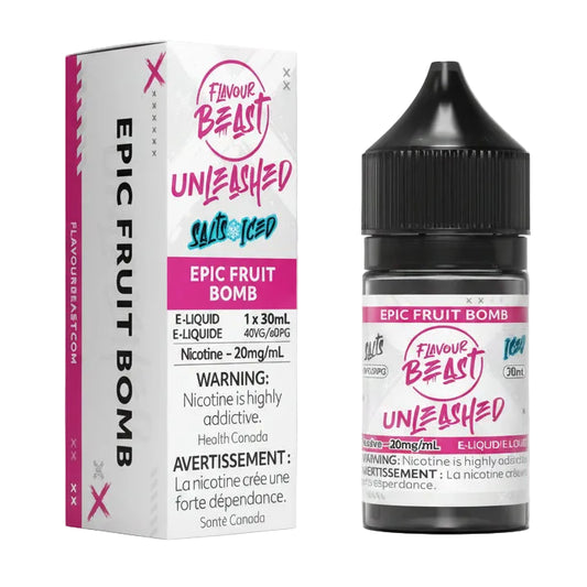 Epic Fruit Bomb e-liquid bottle and packaging on a white background